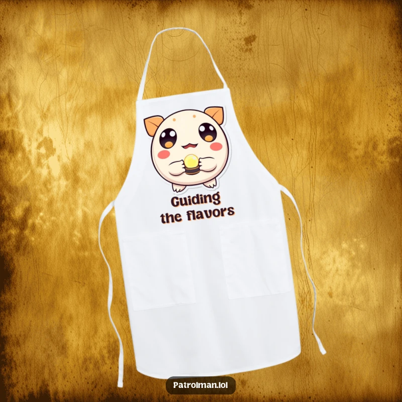 Funny apron featuring a round, wide-eyed creature holding a glowing beacon, perfect for a cook with a vision.
