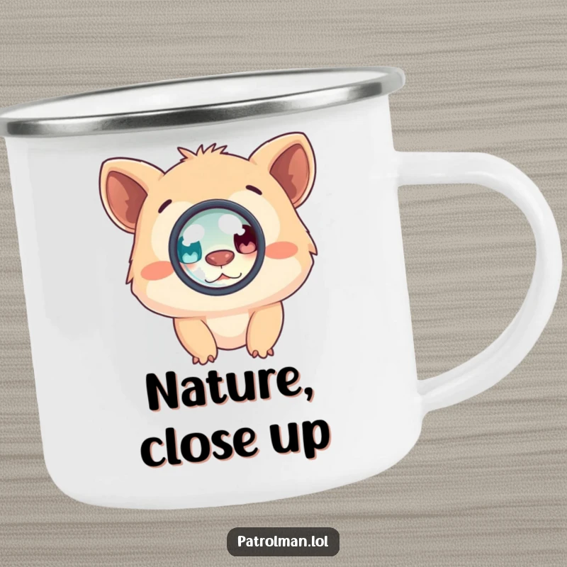 Funny camping mug depicting a creature using a magnifying glass, designed for outdoor enthusiasts who appreciate humor and discovery.