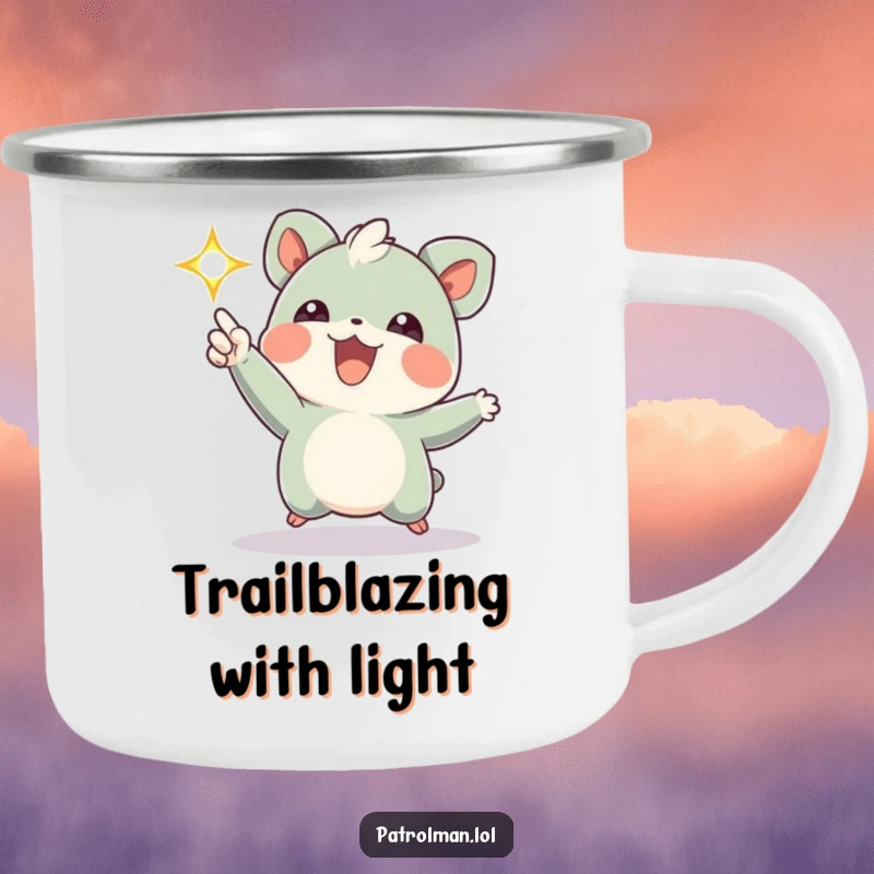 Funny camping mug depicting an energetic creature shining a bright, flashing light, designed for adventurers who appreciate humor and illumination.