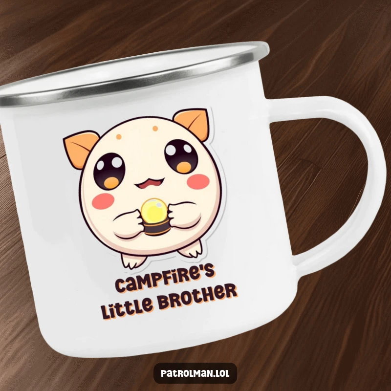 Funny camping mug with a round, wide-eyed creature holding a small glowing beacon, perfect for finding direction outdoors.