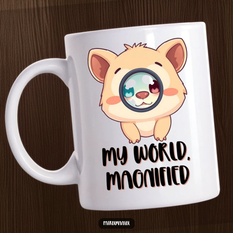 Funny mug with a curious creature peering intently through a magnifying glass, exploring the world with enthusiasm and humor.