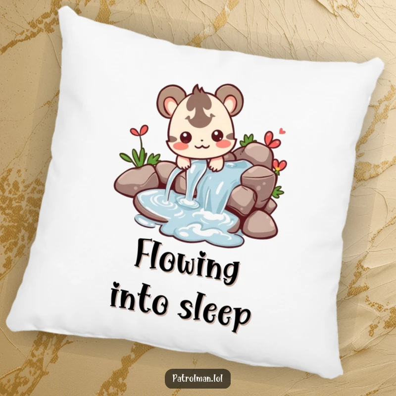 Funny pillow with a happy creature directing water, bringing soft, tranquil humor.