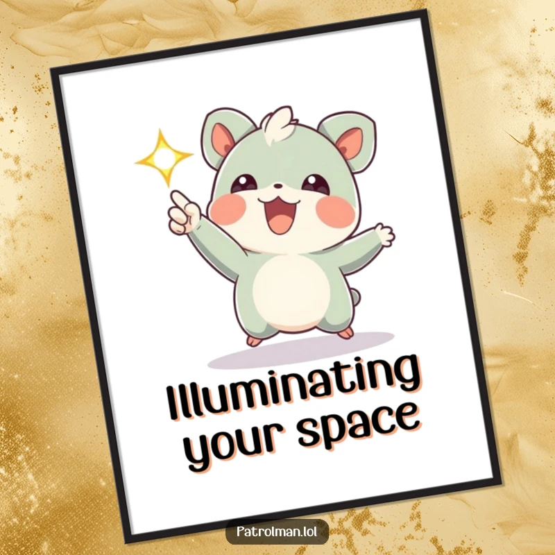 Funny digital art print of a small, energetic creature joyfully pointing a bright, flashing light, creating an atmosphere of fun and excitement.
