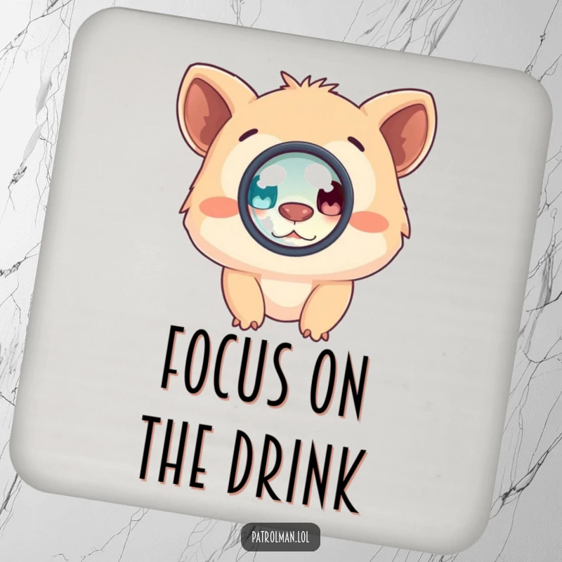 Funny drink coaster featuring a creature peering through a magnifying glass, protecting surfaces with a humorous and inquisitive vibe.