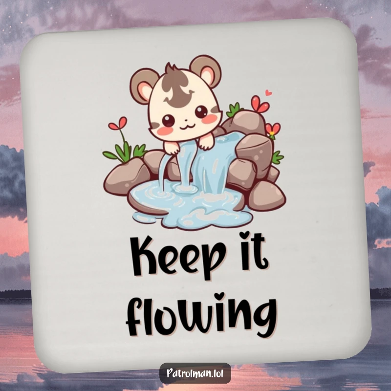 Funny drink coasters featuring a happy creature guiding a water stream, protecting furniture with serene flow.