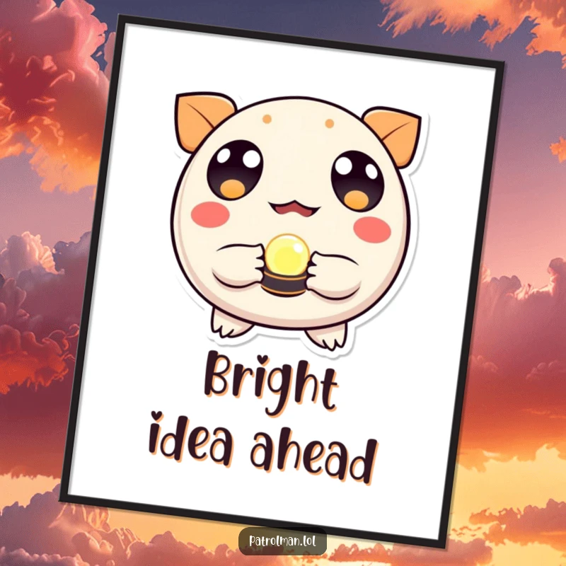 Funny poster featuring a round creature with large eyes holding a small, glowing beacon, symbolizing guidance and optimism.