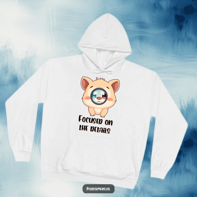 Funny hoodie featuring a whimsical creature engrossed in observation through a magnifying glass, symbolizing keen interest and amusement.
