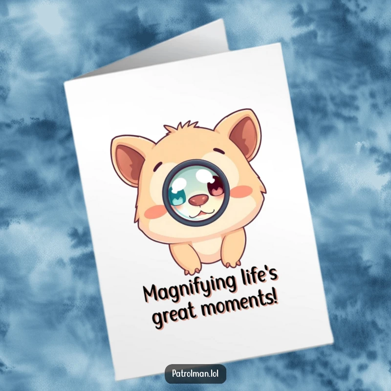 Funny Free Printable Birthday Card featuring a cute creature excitedly peering through a small, circular lens. A hilarious downloadable greeting.