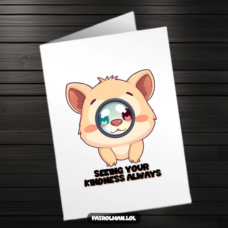 Funny Free Printable Thank You Card showing a creature peering through a small lens. A humorous and downloadable expression of gratitude.