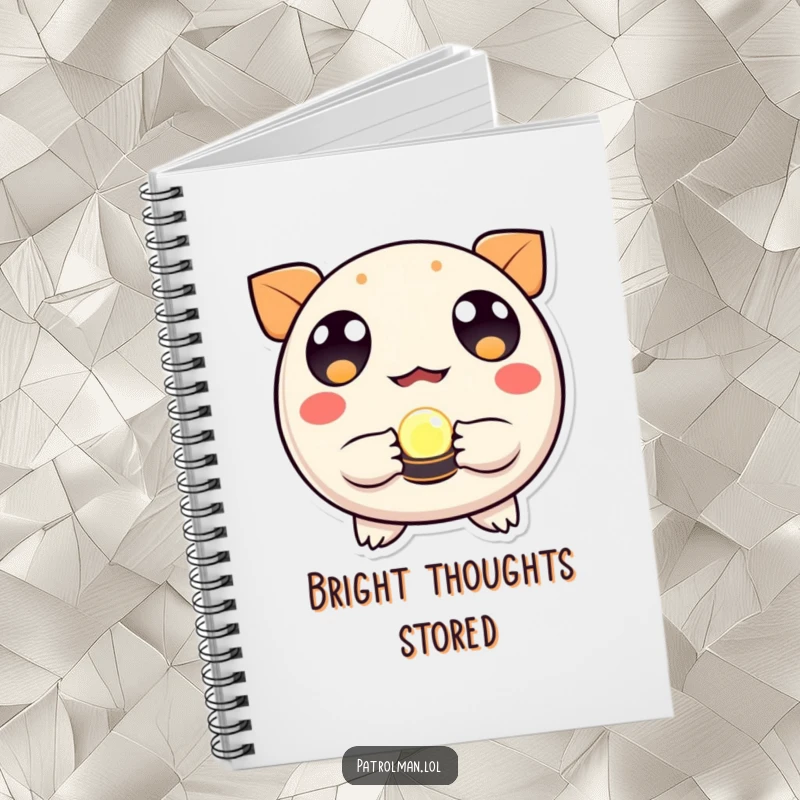 Funny notebook cover with a round, wide-eyed creature holding a luminous beacon, ideal for jotting down guiding thoughts.
