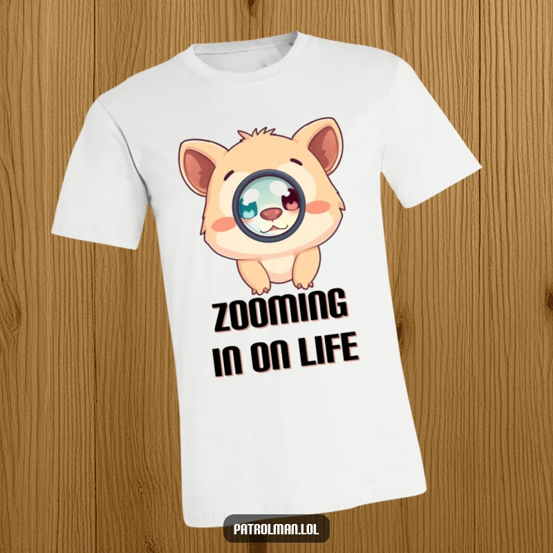 Funny t-shirt showcasing an enthusiastic creature using a magnifying glass to examine something closely, radiating curiosity and humor.