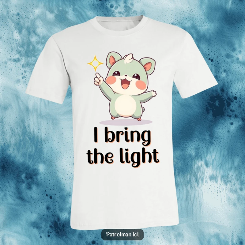 Funny t-shirt with a small creature gleefully directing a bright, flashing light, exuding positive energy and comedic charm.