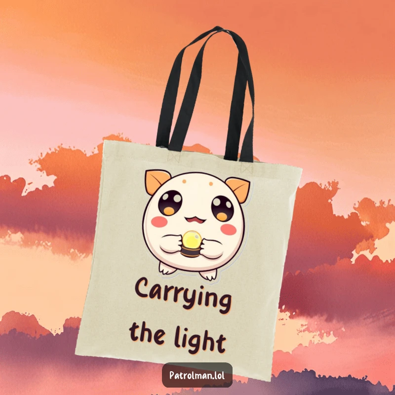 Funny tote bag showing a round, wide-eyed creature holding a luminous beacon, perfect for carrying treasures and inspiration.