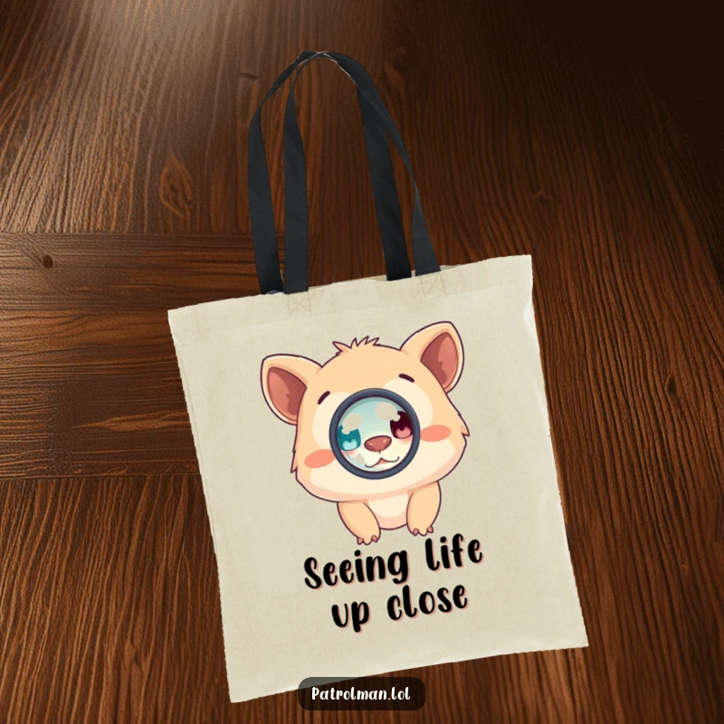 Funny tote bag with a determined creature using a magnifying glass, emphasizing exploration and a humorous perspective on discovery.