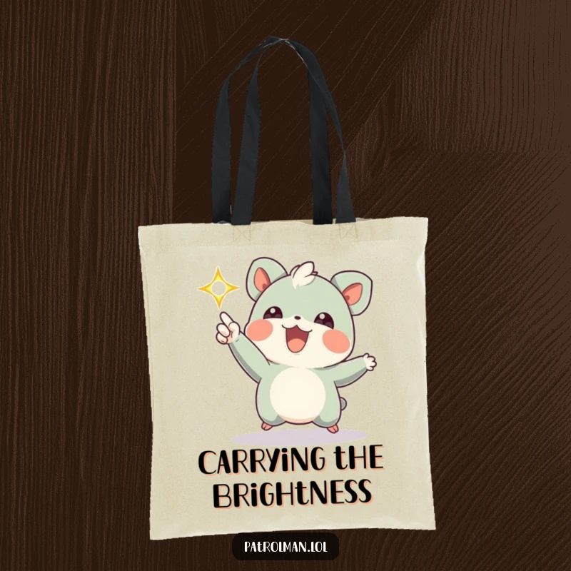 Funny tote bag with an energetic creature happily pointing a bright, flashing light, perfect for carrying essentials with a humorous touch.